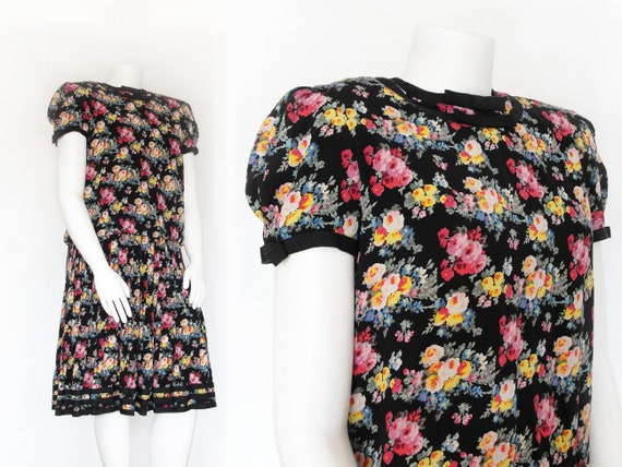 1980s Silk Dress | 80s Floral Drop Waist Dress | M
