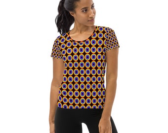 Diseño de patrón de huevo de mediados de siglo, todos los colores, mini arcoíris, estampado integral, camiseta deportiva para mujer.