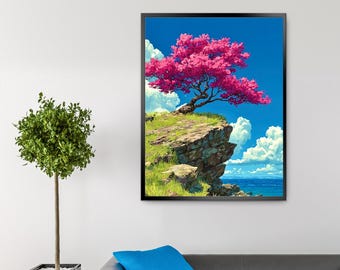 Väggkonst med bergsträd | Vackert naturlandskap utskrivbart | Naturskön skogskonstverk | Digital nedladdning av bergsdekor för hem och kontor