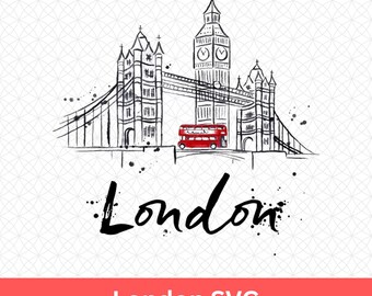 Londres SVG: Diseño de monumento urbano dibujado a mano, clipart de viaje con el Big Ben y un autobús de dos pisos