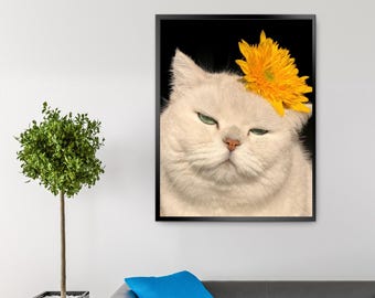 Väggkonst med blomkrona och katt | Söt katt med blommor på huvudet | Digitalt bohemiskt djurtryck | Nyckfull kattkonst för kattälskare | Direkt nedladdning