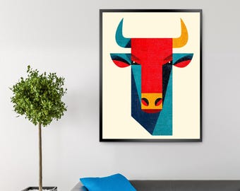 Tjurväggkonst | Utskrivbart kraftfullt djur | Modern rustik tjurhuvud digital nedladdning | Lantlig västerländsk inredning