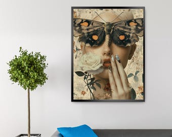 Surrealistisk väggkonst med fjärilskvinna | Digital nedladdning | Fräknig flicka med mal och ros | Utskrivbar vintageestetik | Feminin naturdekor