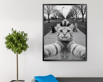 Rolig kattselfie-väggkonst | Digital nedladdning av söt kattgrupp | Svartvit husdjursaffisch | Udda kattälskardekor | Direkt utskrivbar konst