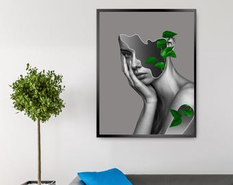 Kreativ väggkonst med dam | Surrealistiskt kvinnaporträtttryck | Feminin abstrakt ansiktskonst | Boho estetisk digital nedladdning | Stärkande kvinnadekor