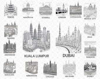 Världsstäder SVG-paket – Berömd stadssilhuett Clipart, resestadslinjeteckning, digital direktnedladdning