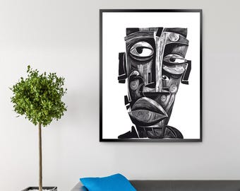 Abstrakt ansikte väggkonst | Svartvit geometrisk linjekonst | Modern tribal digitaltryck | Kubistisk heminredning | Direkt nedladdning