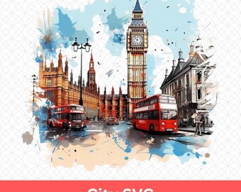 Londen aquarel SVG – Big Ben & dubbeldekker bus reizen clipart voor Cricut en sublimatie, UK stadsgezicht kunst afdrukbare