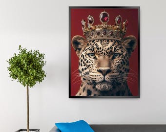 Väggkonst med kunglig leopard | Utskrivbar affisch med leopardkrona | Digital nedladdning av djungeldjurskung | Kunglig safari-dekor för hemmet