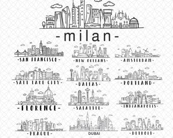 Berömd stadsskiss SVG-paket – Handritad världssilhuett Clipart, reselandmärke, digital nedladdning