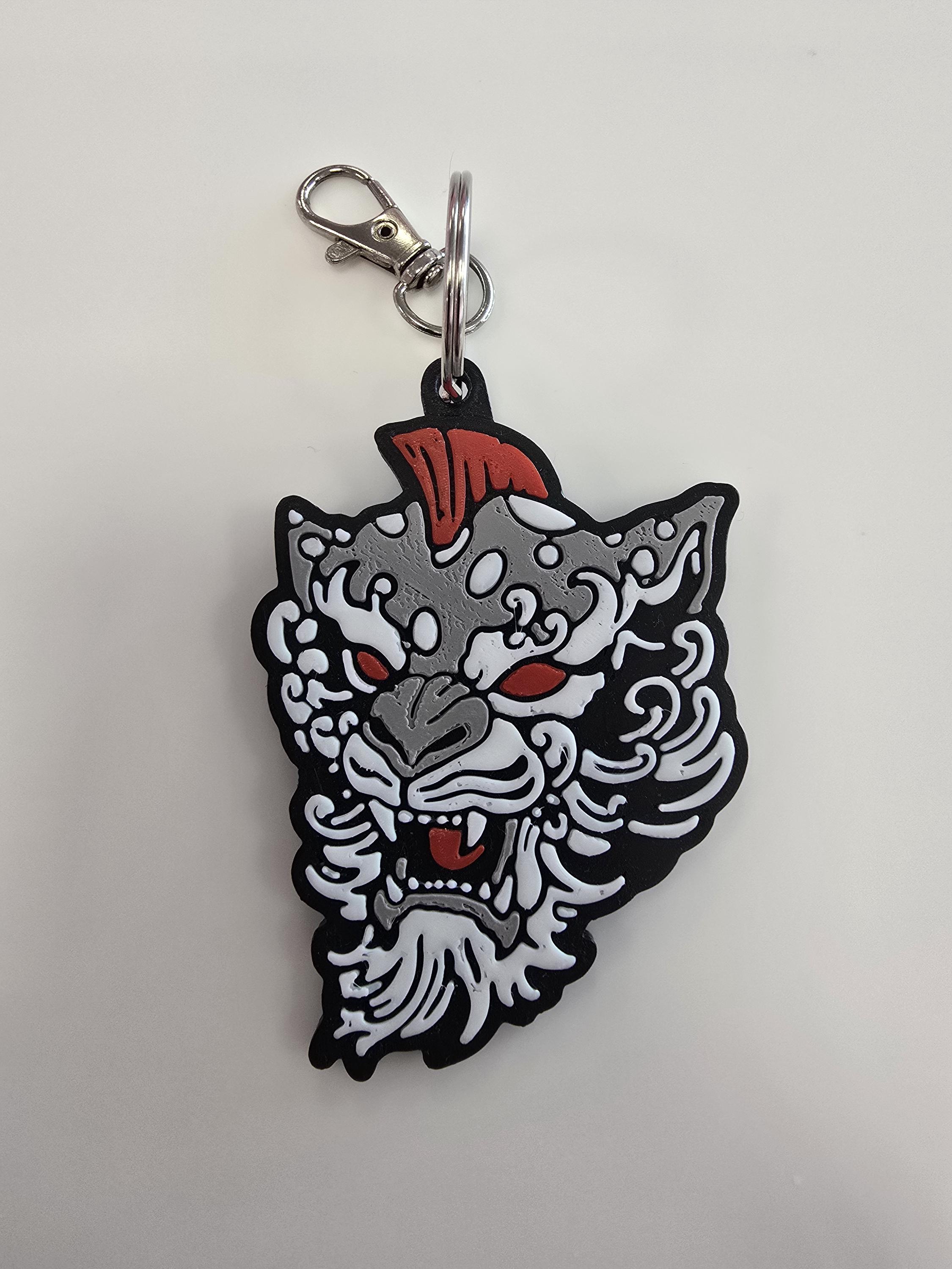 Fu Dog Keychain – Mythical Guardian Creature in Japanese Tattoo Style | SkribblWorks