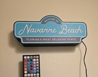 Navarre Beach LED Lightbox Sign – Remote Controlled Color Changing Wall Plug Light – 3D Printed Coastal Décor
