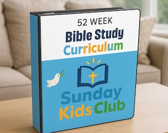May include: A blue binder with a white and yellow label that says "52 Week Bible Study Curriculum Sunday Kids Club". The label also features a white dove with an olive branch, a yellow open book with a cross, and a yellow starburst.