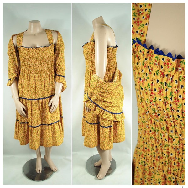 1970s Yellow Sundress / Bust 58 - 60 / Vintage Lane Bryant Marigold Cobalt Blue Hearts Flowers Prairie Cottage Core Dress and Matching wrap