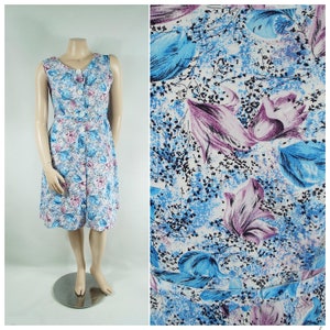VOLUP Jaren 50 lente bloemen zomerjurk / 36 taille XL / knoop voorkant tulpen Maagdenpalm orchidee tulpen zwart paars blauw katoen bloemenprint jurk
