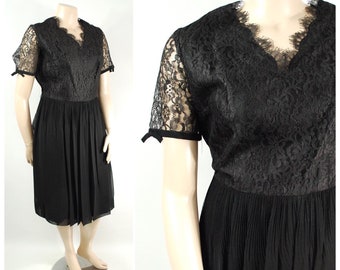 1950s Black Lace Cocktail Dress / 48 Bust / Plus Size 1950s Party Dress XXL Late 1950s Formal Evening LBD