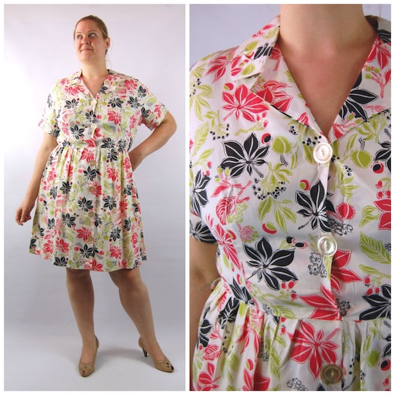 50s 60s Bold Floral Print Dress // 48 Bust // Blac