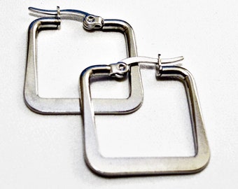 Flat Band Square Hoop Pierced Earrings Silver Tone 2mm Wide 1" 25mm Stainless Steel Nickel Free