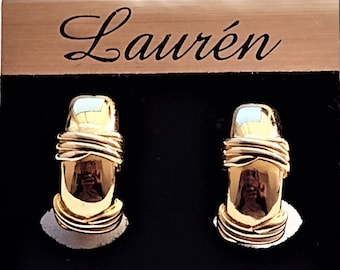 Lauren 3/4" Wrapped Wide Band Hoop Clip On Earrings Gold Tone Made in USA Domed Curved Polished