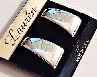 Lauren 1 1/8" Long Silver Clip On Earrings Vintage Made In USA