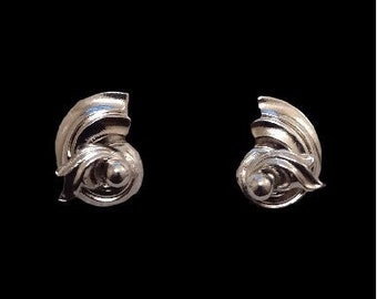 Art Deco Flourish Clip On Earrings Vintage Silver Tone Layered Bead Swirl Wrap Discs