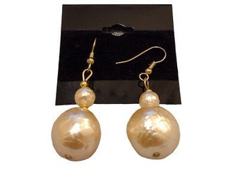 Golden Pearl Bead Pierced Wire Earrings Vintage Gold Tone Long Dangles