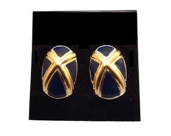 Dark Navy Blue Discs Pierced Post Earrings Vintage Polished Gold Tone Crossed Ribbed Bands