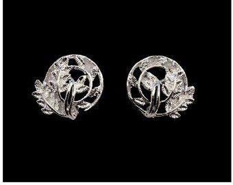 Leaf Circle Cluster Clip On Earrings Vintage Silver Tone Open Ring Swirl Stem Discs