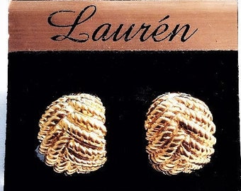 Lauren Weaved Domed 5/8" Button Clip On Earrings Vintage Gold Tone