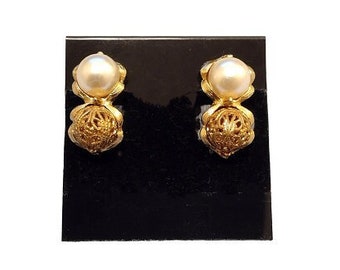 White Pearl Filigree Bead Clip On Earrings Vintage Gold Tone