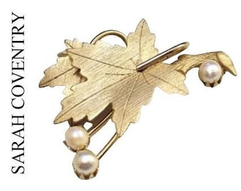 Sarah Coventry Pearl Leaf Pin Brooch Gold Tone Vintage Brushed Lined Large Layered Stem Branches Round White Beads