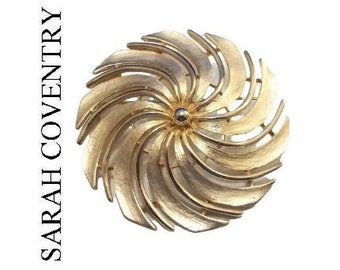 Sarah Coventry Windmill Slotted Round Bead Pin Brooch Gold Tone Vintage Smooth Thin Ribs Curved Wide Brushed Bands