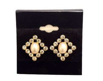 Pearl Crystal Diamond Pierced Post Earrings Vintage Gold Tone Prong Set Stones Oval Domed White Bead