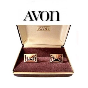 Avon Men Cuff Links Gold Tone Vintage Geometric Square Slotted Open Triangle Bevel Polished image 1