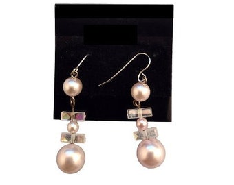 Pink Pearl Pierced Post Earrings Vintage Silver Tone French Wires Long Dangles