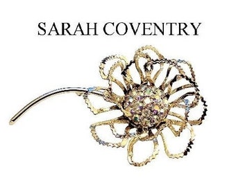 Sarah Coventry Crystal Crimped Flower Leaf Pin Brooch Gold Tone Vintage Open Loop Petal Rainbow Aurora Borealis Stones Long Stem Open Petals