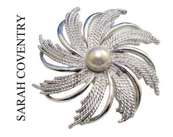 Sarah Coventry Spiral Pearl Pinwheel Pin Brooch Silver Tone Vintage Large Round White 9mm Bead Twisted Rope Strands Smooth Open Ribs