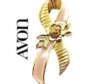 Avon Pink Ribbon Rose Flower Pin Brooch Gold Tone Vintage Breast Cancer Care Awareness Wide Crossed Band Ribbed Lined Leaf Accents