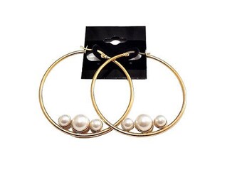 2 Inch 50mm Three Pearl Hoop Pierced Post Earrings Gold Tone