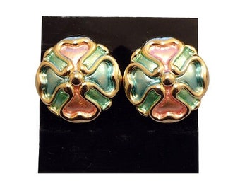 Avon Pink Green Hearts Clip On Earrings Vintage Pastel Tinted Domed Discs