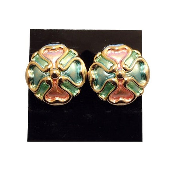 Avon Pink Green Hearts Clip On Earrings Vintage Pastel Tinted Domed Discs