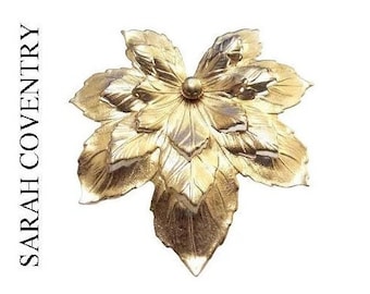 Sarah Coventry Maple Leaf Three Layered Pin Brooch Gold Tone Vintage Round Center Accent Bead Etched Scalloped Edges