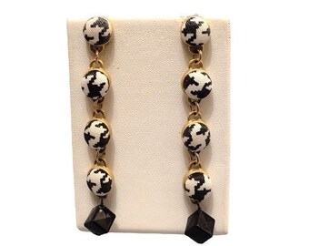 Black White Checkered Pierced Post Earrings Vintage Satin Gold Tone Round Tiered Button Dangles