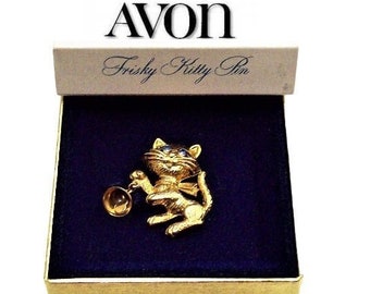 Avon Blue Eyed Cat Animal Pin Brooch Gold Tone Vintage 1974 Frisky Cat Ringing Bell Tied Scarf Long Whiskers