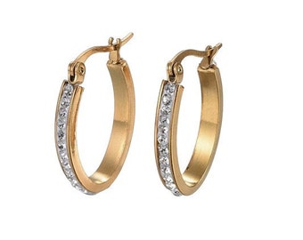 1 Inch 26mm Crystal Oval Hoop Pierced Post Earrings Gold Tone