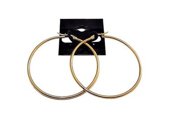 2 Inch 50mm Thin Hoop Pierced Post Earrings Gold Tone 2mm Band