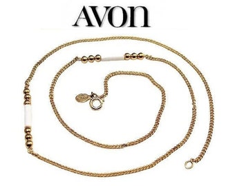 Avon White Tube Necklace Gold Tone Vintage 1980 Spectator Style Curb 24 Inch Link Chain Wave Hangtag Spring Clasp