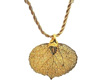 Avon 24k Leaf Pendant Necklace Gold Tone Vintage Electroplated Twisted Rope Link Chain Lobster Claw Clasp