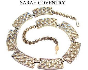 Sarah Coventry Basketweave Necklace Gold Tone Vintage Open Squares Adjustable Link Chain Hangtag Hook Clasp Closure