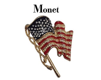 Monet American Flag Pin Brooch United We Stand USA Gold Tone Red Stripes Round Crystal Stars Braided Tassel Long Pole